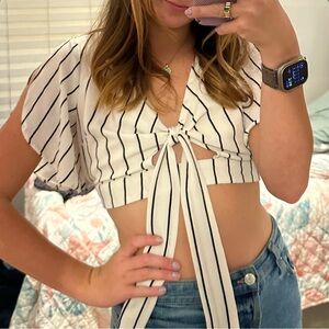 Love University Black & White Striped Front Knot Crop Top S/M